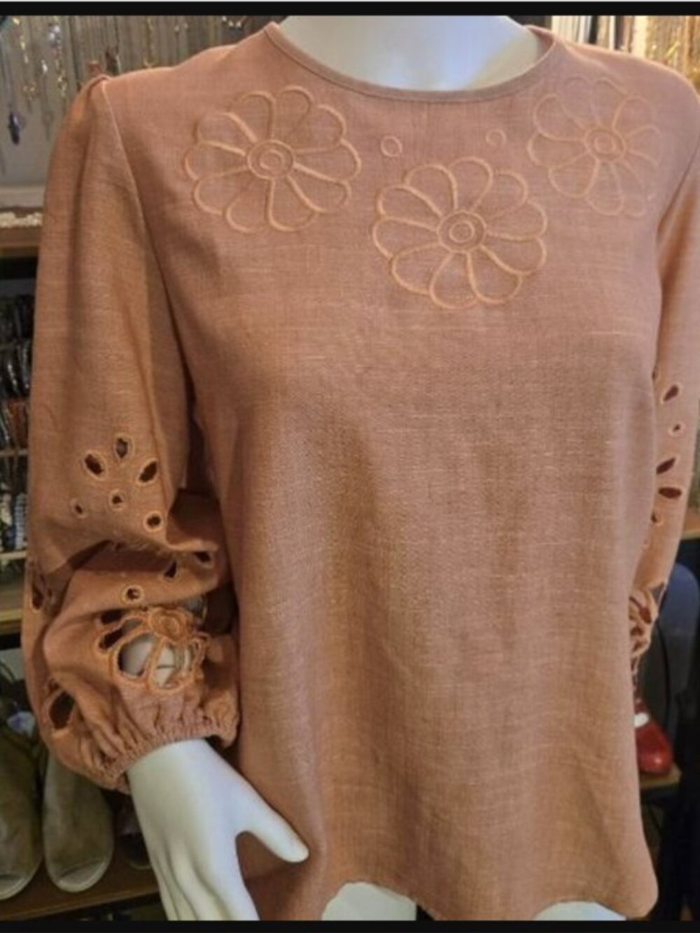 Terra cotta Brown Puff Sleeves Embroidered Blouse L-XL
